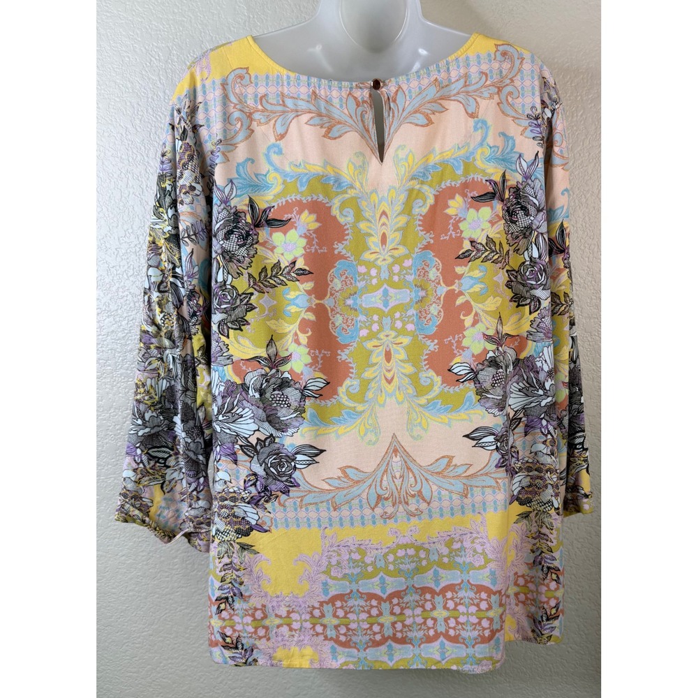 Soft Surroundings Womens 2X Blouse Yellow Floral Paisley Pleated Rayon Top Chic - Picture 2 of 9